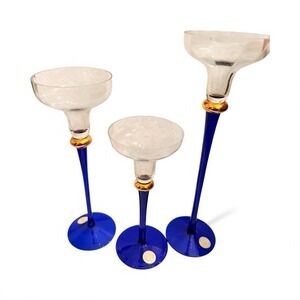 3 Crystal Clear Handcrafted Cobalt Stemmed Candle Holders Romania Stickers‎